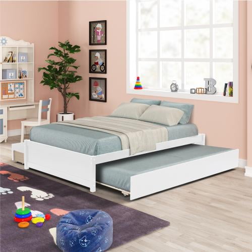 JINS&VICO Full Bed with Twin Size Trundle and Two Drawers, Solid Wood ...