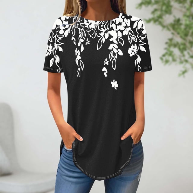 Blouses pour Femmes, Mode Féminine Vendue Manches Courtes Blouse Col Rond Hauts Décontractés