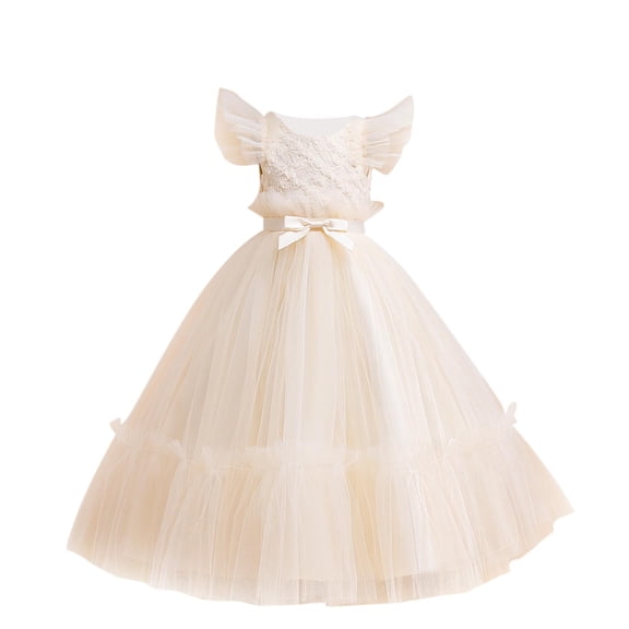 Zwiiyzr 2025 7-14Y Girls Tulle Dress Bridesmaid Wedding Pageant Formal Dress Flying Sleeves Embroidery Bow Princess Dress Yellow