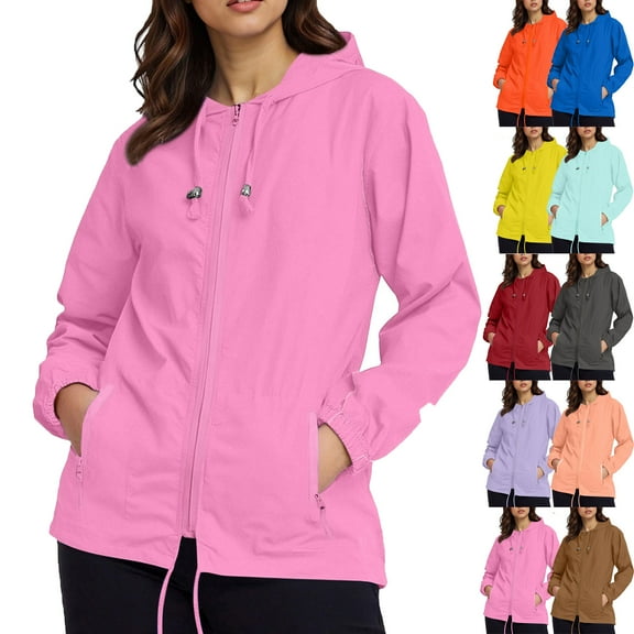 Admvng Womens Rain Jacket Plus Size Lightweight Waterproof Zipper Hooded Jacket Raincoat Jacket with Pockets S-5XL