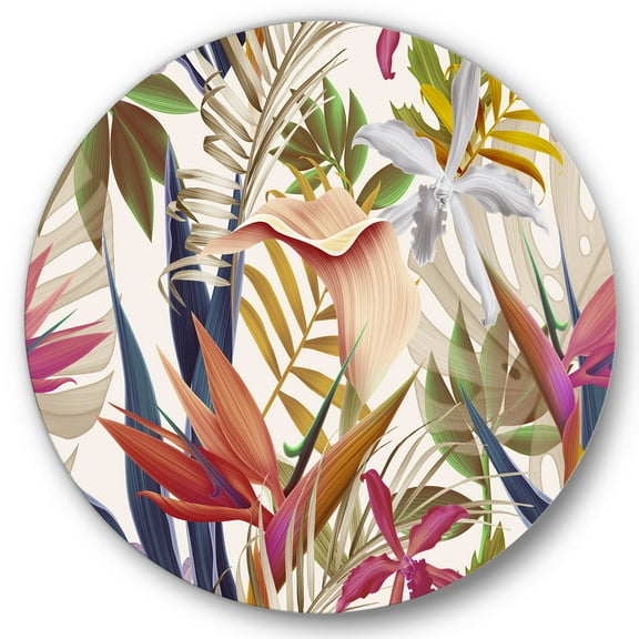 Designart 'VIntage Tropical Flowers VIII' Tropical Circle Metal Wall Art 36x36 - Disc of 36