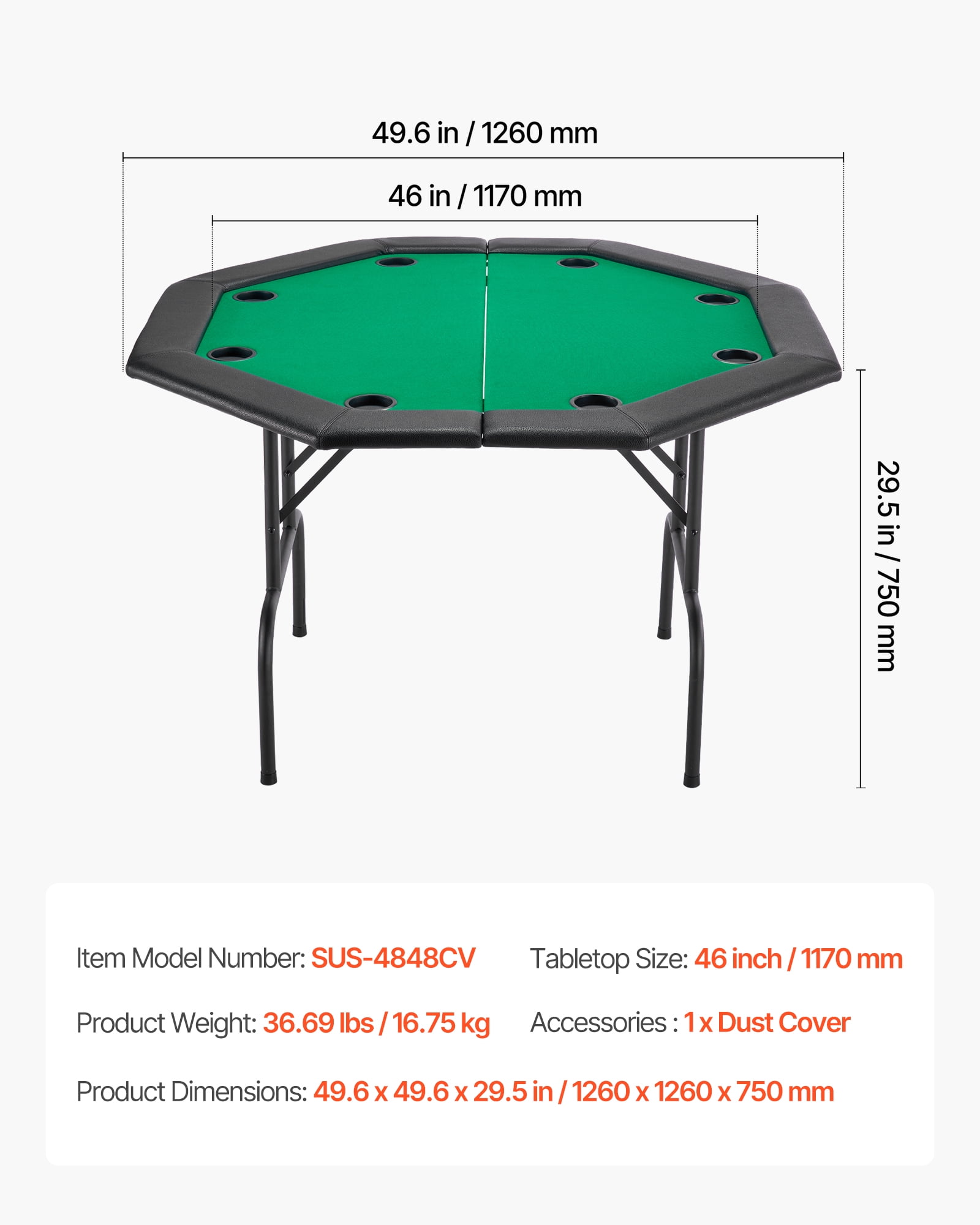 VEVOR Foldable Poker Table, 8 Player 48 in Folding Casino Leisure Table with Padded Rails & Cup Holders, Octagonal Portable Game Tables with Felt & Metal Legs, for Texas Holdeem Game and Blackjack