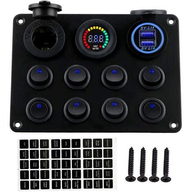 Enchufe de cargador USB dual 4,2 A + toma de corriente de 12 V + voltímetro LED + interruptor de palanca de encendido y apagado de 8 bandas Panel multifunción para coche, barco, RV, ATV, camión,