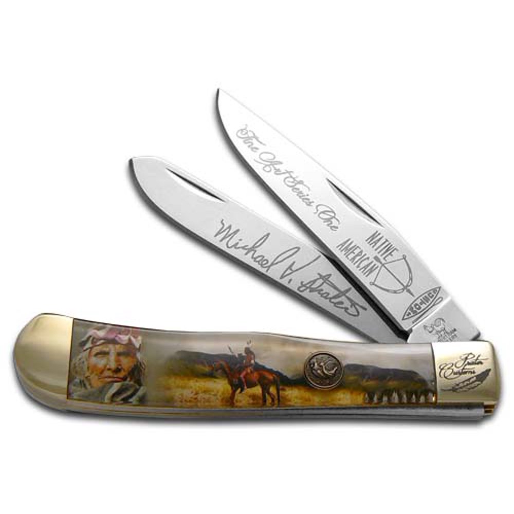 Hen & Rooster PAINTED PONY Native American Village Elder Trapper Stainless Pocket Knife
