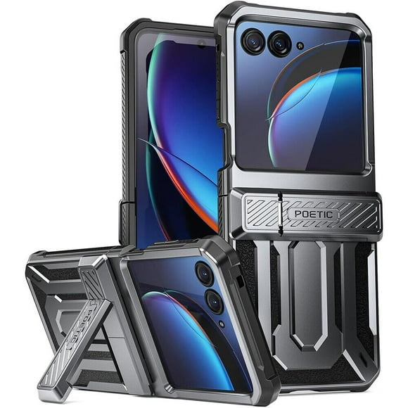 Poetic Spartan Case for Motorola Moto Razr + Plus 2023,[Kickstand][Hinge Protection][20FT Mil-Grade Drop Tested], Full-Body Rugged Shockproof Protective Cover with Kickstand, Metallic Gun Metal