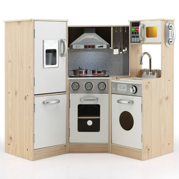 Costway Juego de Cocina de Madera para Niños Cocina de Juguete Infantil con Accesorios de Sonidos y Realistas Teléfono Juego para Niños 3+ Años