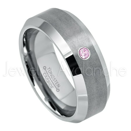Pink Tourmaline Mens Ring - Personalized Tungsten Wedding Band - 0.07ct Solitaire Pink Tourmaline Ring - 8mm Beveled Edge Mens Tungsten Ring - Custom Made October TN003BS