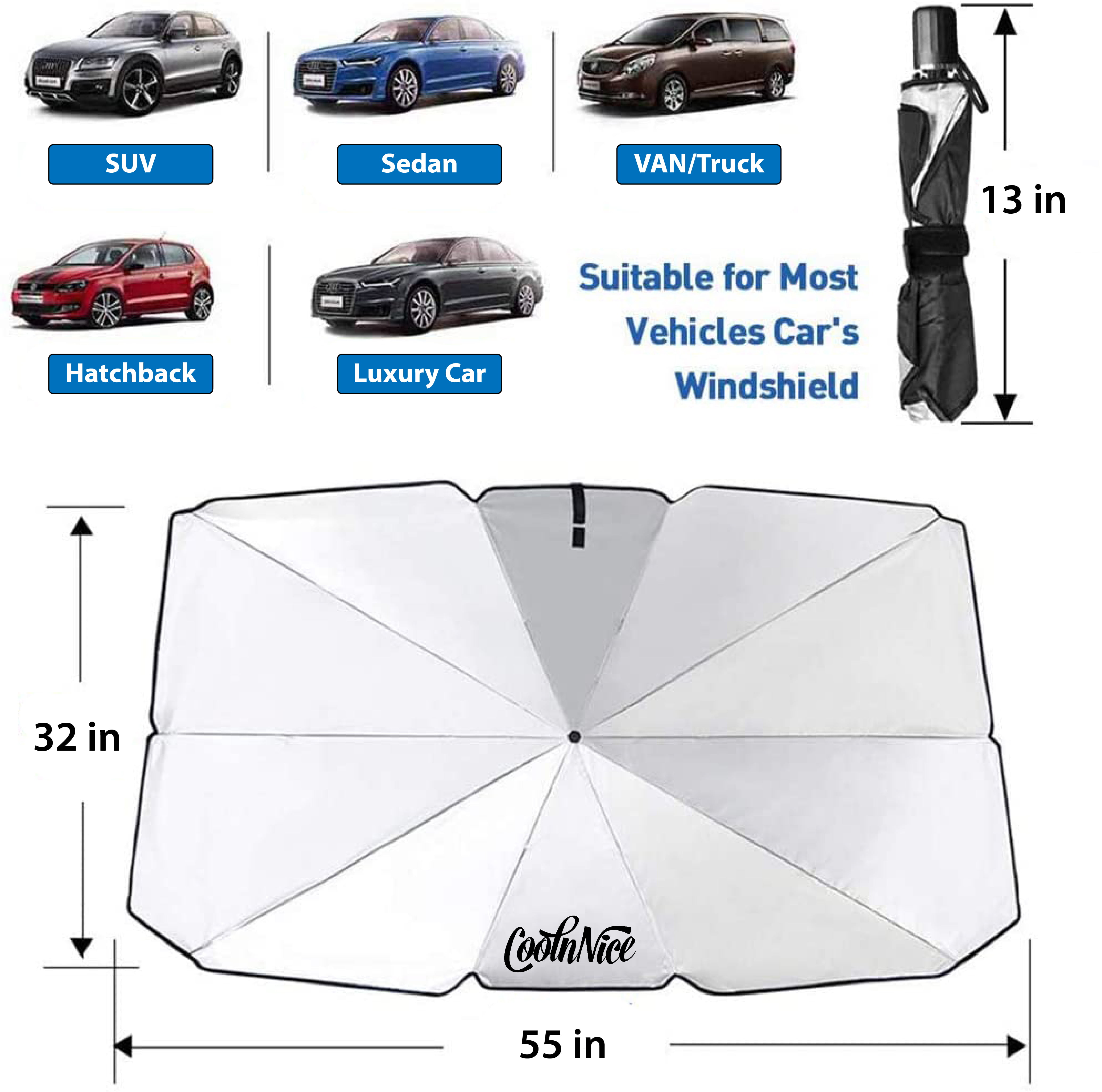 Premium Foldable Car Windshield Sun Shade Umbrella, Center