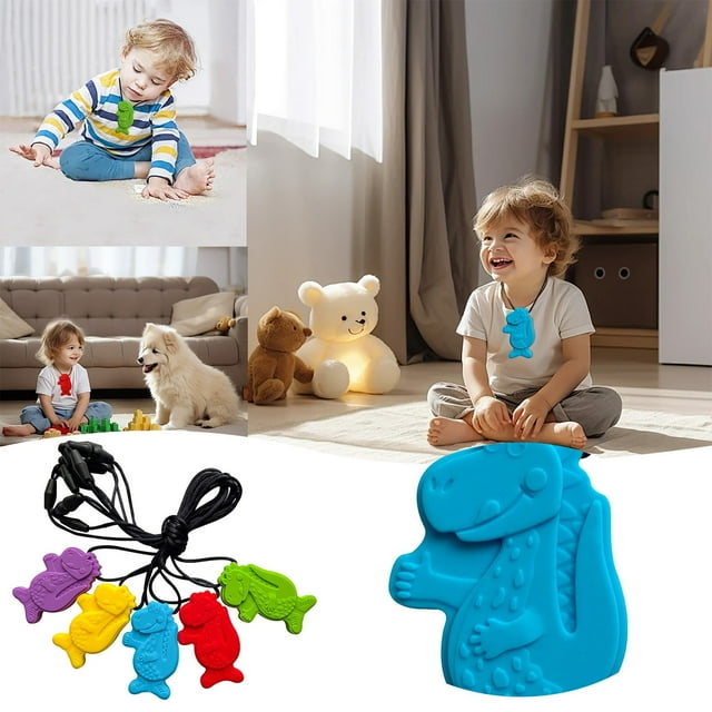 Collares Weerihhol para niños sensoriales | Juguetes masticables de dinosaurio de silicona para niños | Collar masticable para niños Juguete portátil Collar mordedor para niños sensoriales Cocina