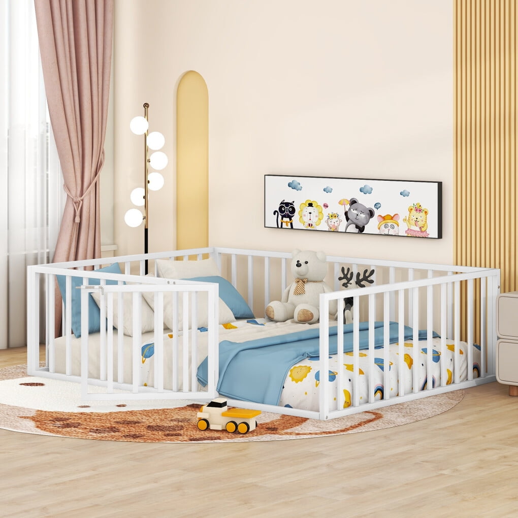 Full Size Floor Bed for Kids and Toddlers, Metal Montessori Floor Bed with 21.7" High Full-Length Fence and Door, Safety Montessori Bed Frame for Kids Girls and Boys, No Slats Supports, White