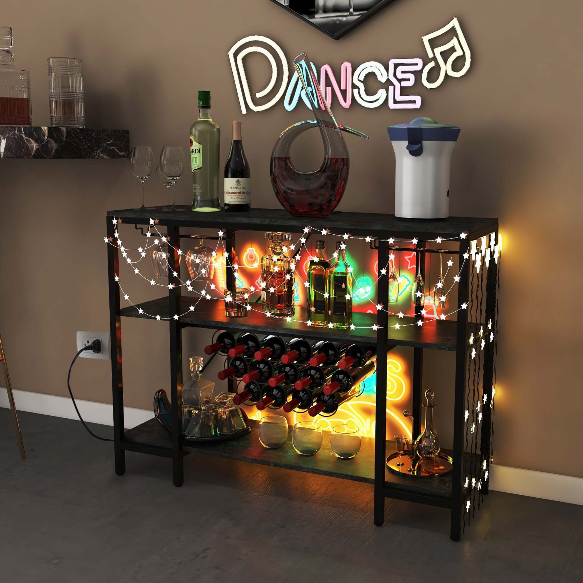 Costway  Cabinet Bar Table Rack Table for Drinks Glasses with Power Outlets Grey