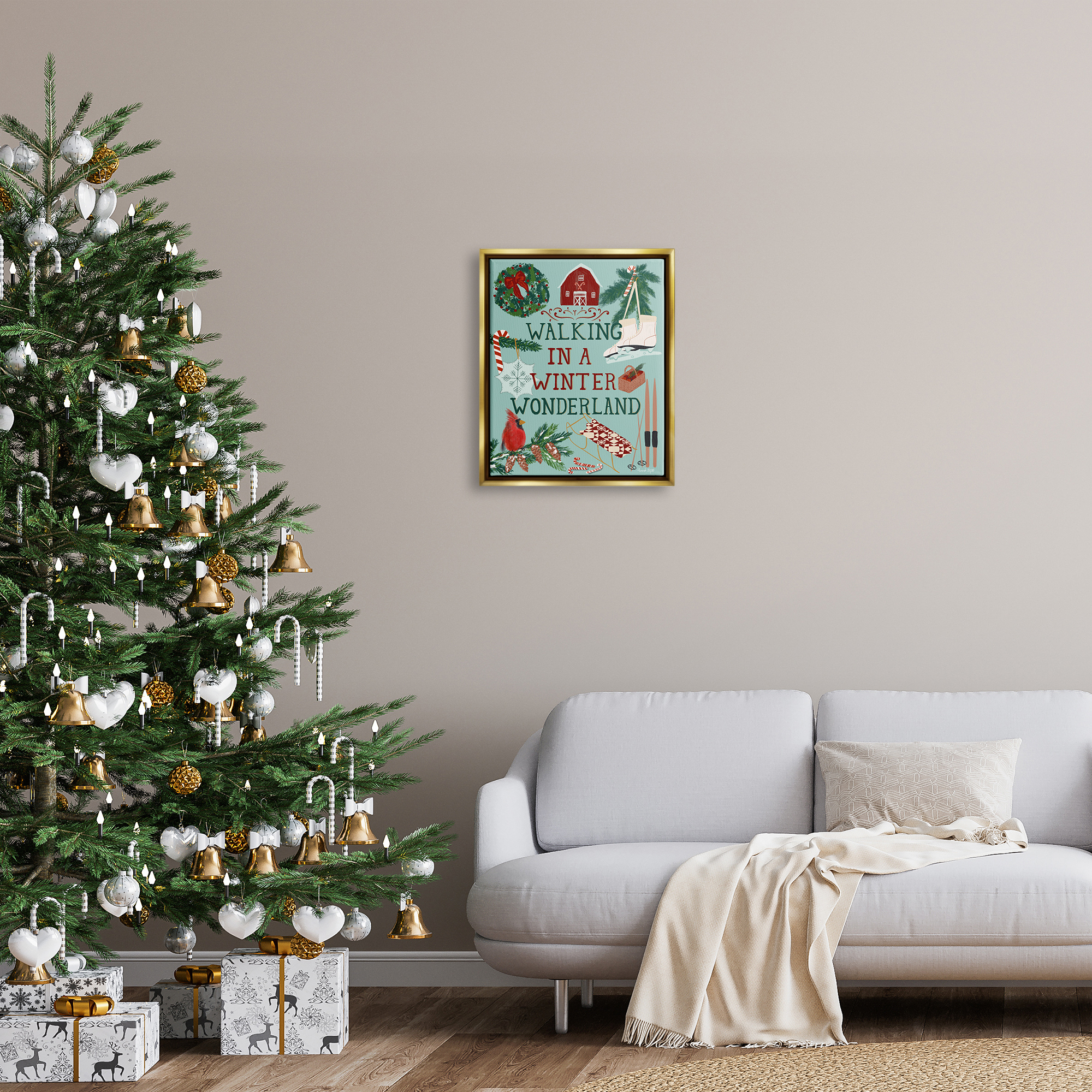 Stupell Industries Winter Wonderland Phrase Holiday Painting Gold Floater Framed Art Print Wall Art, 17 x 21