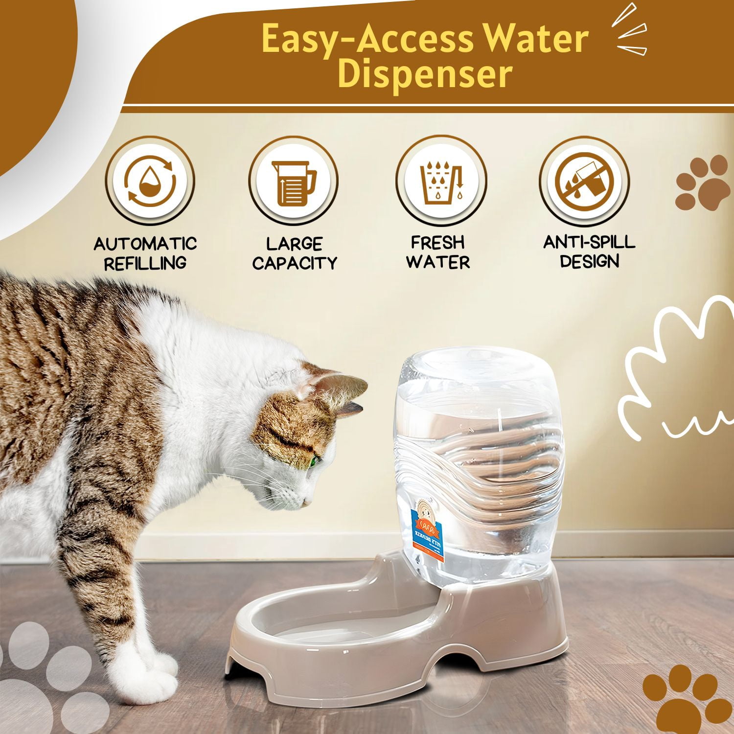 Automatic Gravity Pet Waterer for Cat & Dog - Non-Skid & Easy-Clean Auto Replenish Water Dispenser Drinking Bowl (3/8 Gallon / 1.5L), Beige