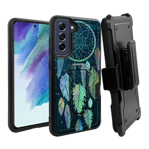 ANJ  Rugged Dual Layer Hybrid Holster Kickstand Case w/ Card Slot   Tempered Glass Cover for Samsung Galaxy S21 FE 5G - Blue Dreamcatcher