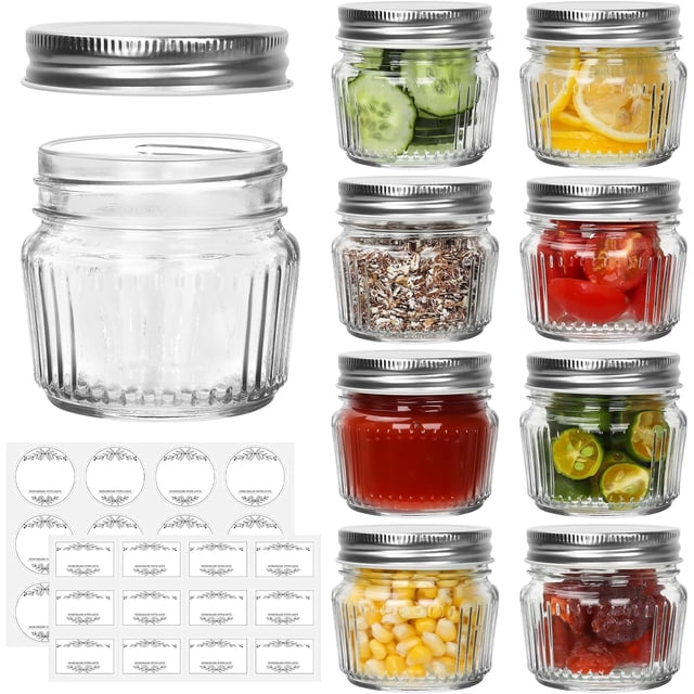 SHiZAK Small Glass Mason Jars with Lids - 4 oz Vintage Canning Jars Pickling Jars for Jelly Jam Honey Pickles Spice Essential Preserver for Home Storage and Gifting 8 Pack