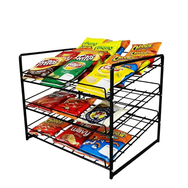FixtureDisplays® Stackable Can Rack Organizer, Stackable Potato Chip Bag Storage Dispenser for Kitchen Cabinet or Pantry, Black 17.35" Wide x 12.8" Deep x 14" Tall 10145