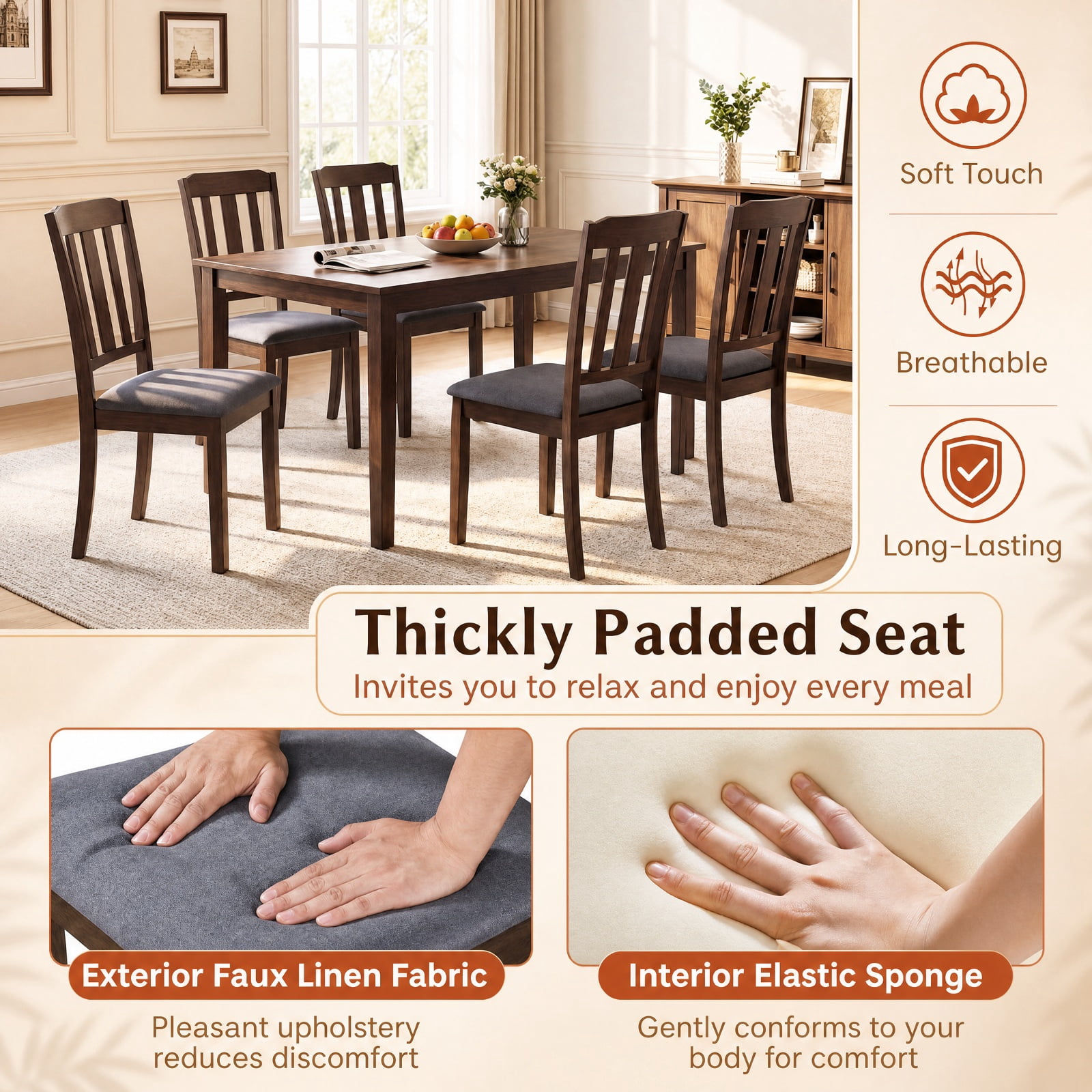 Furnibear Set of 2 Rubber Wood Dining Room Chairs with Padded Faux Linen Seat and Curved Backrest for Kitchen and Dining Room, Brown