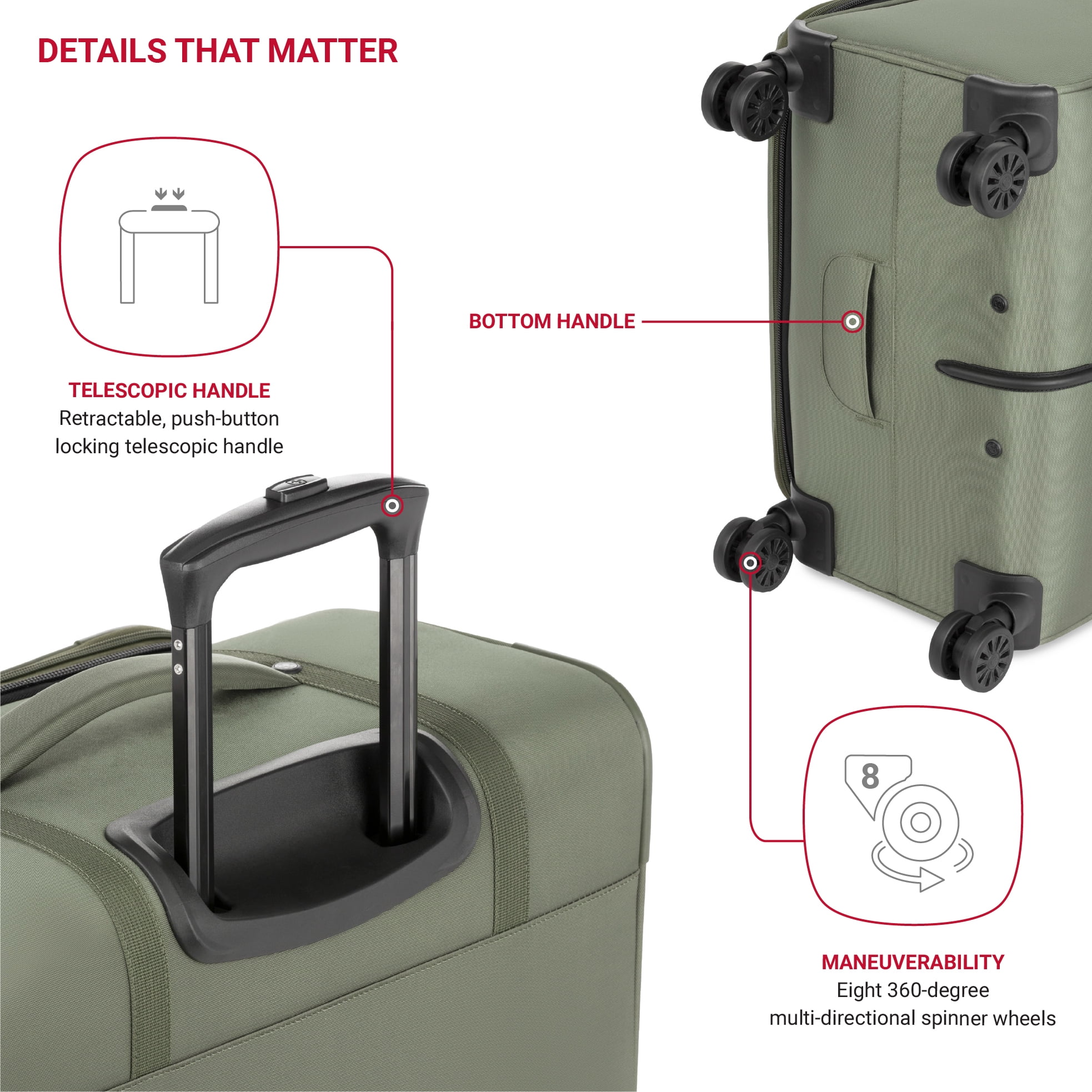 Wenger WG7062 Carry-on Spinner Luggage in Green with 8 Wheels and Built-in TSA Lock