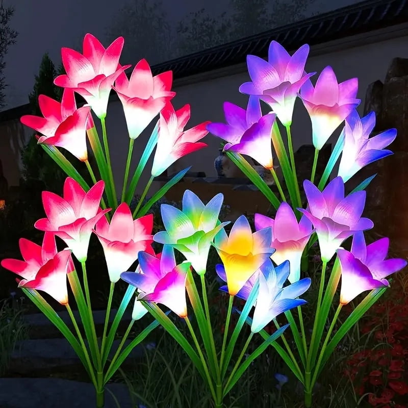 4 Pack Solar Lights With 16 Bigger Artificial Lily Flowers, Multi-Color Changing Lights, Solar Garden Decor Lights For Patio Yard Lawn Pathway