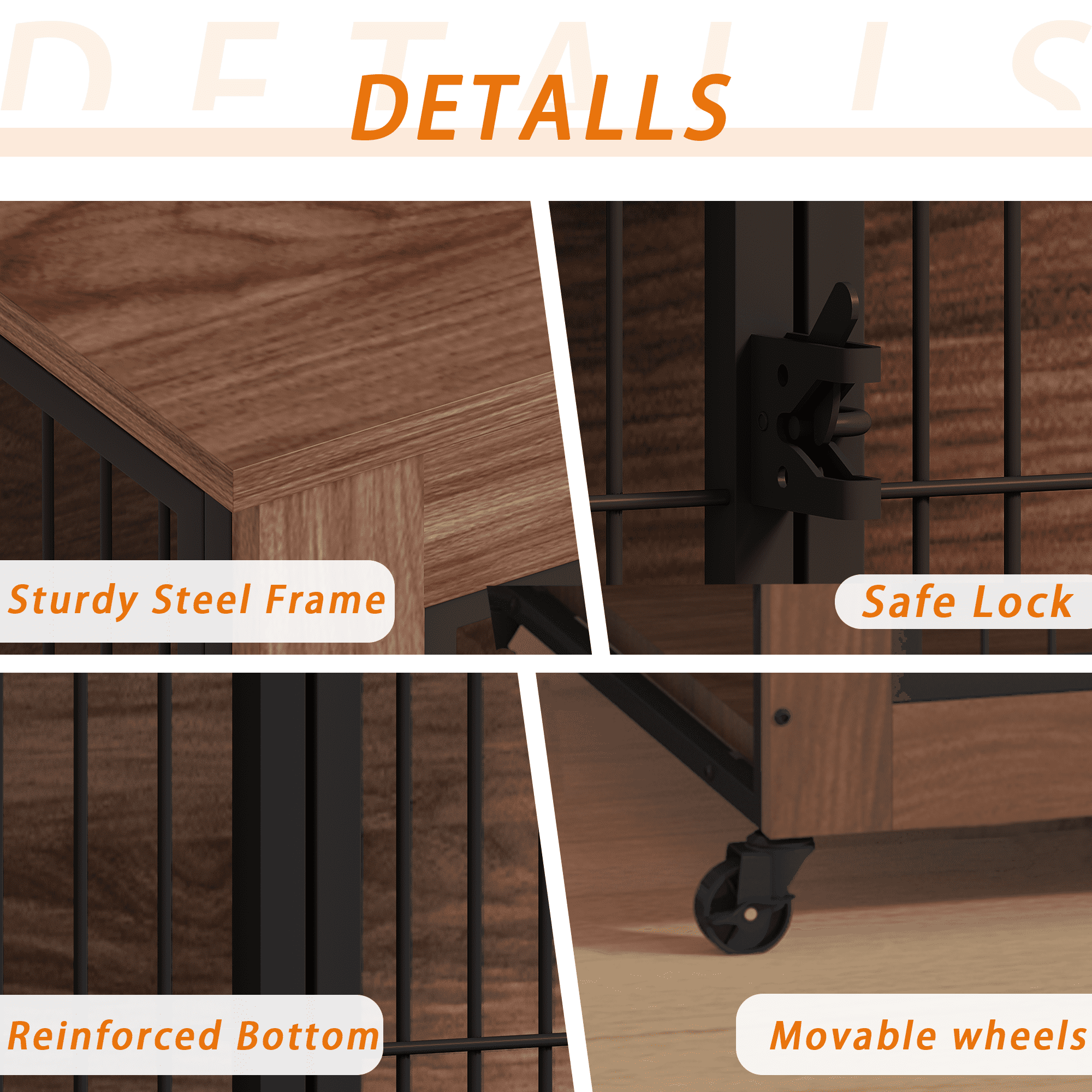 Dog Crate Furniture with Wheels, Wooden Indoor Pet Kennel End Table, Heavy Duty Double Door Metal Dog Cage with Brake Casters, Ventilated Safe Crate for Small & Anxious Dogs