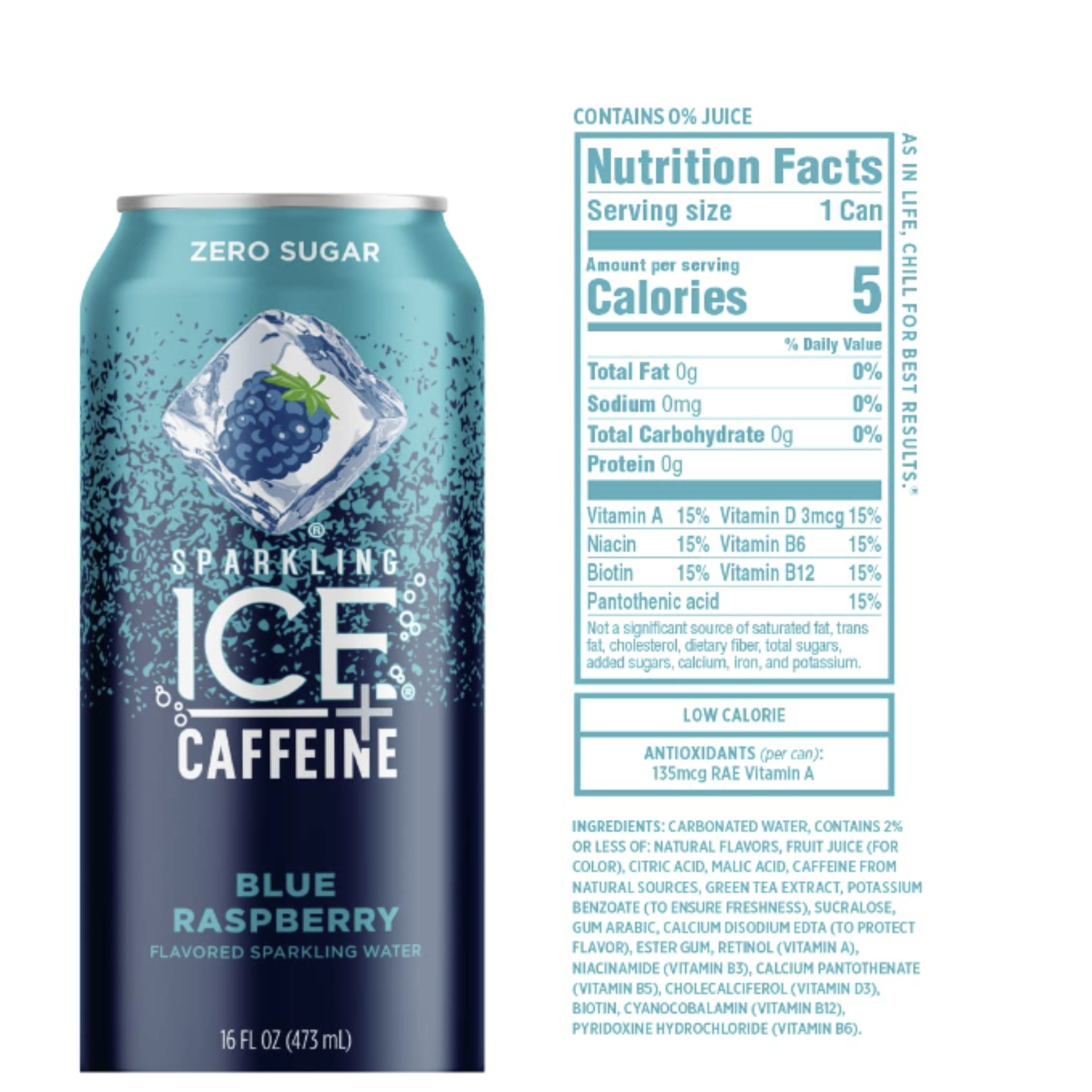 Sparkling Ice +Caffeine Blue Raspberry Sparkling Water, with Antioxidants and Vitamins, Zero Sugar, 16 Fl Oz (Pack of 8)