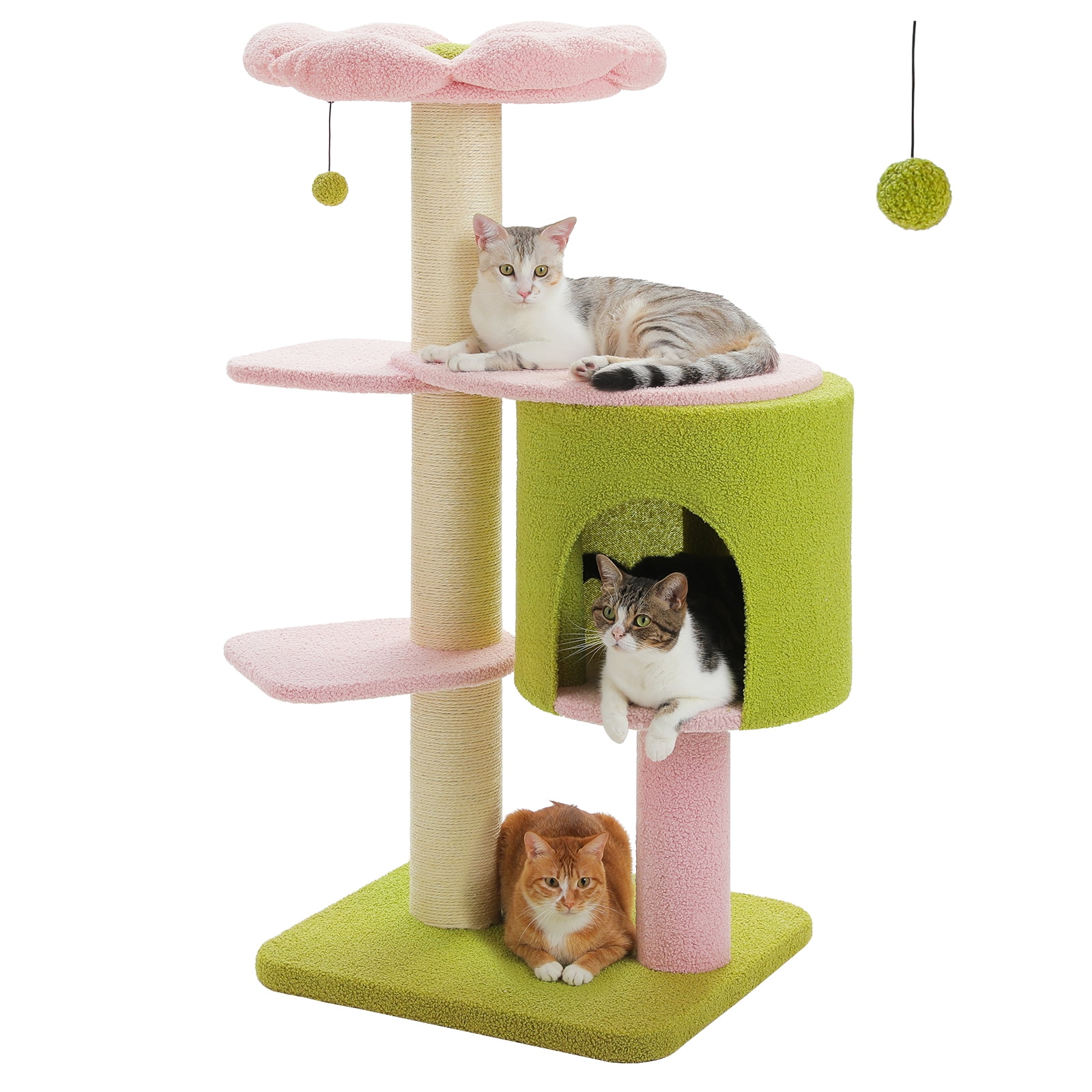 PEQULTI 50" Flower Cat Tree for Cats Indoor 4.1" Thick Scratching Post with 2-Layer Baseboard Pink