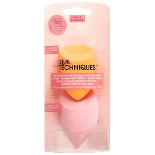 Real Techniques Beauty Makeup Blender Miracle Complexion and Makeup Power Sponge Set, For CC Cream Foundation, Orange & Pink, For Makeup Blending & Application, 2 Count