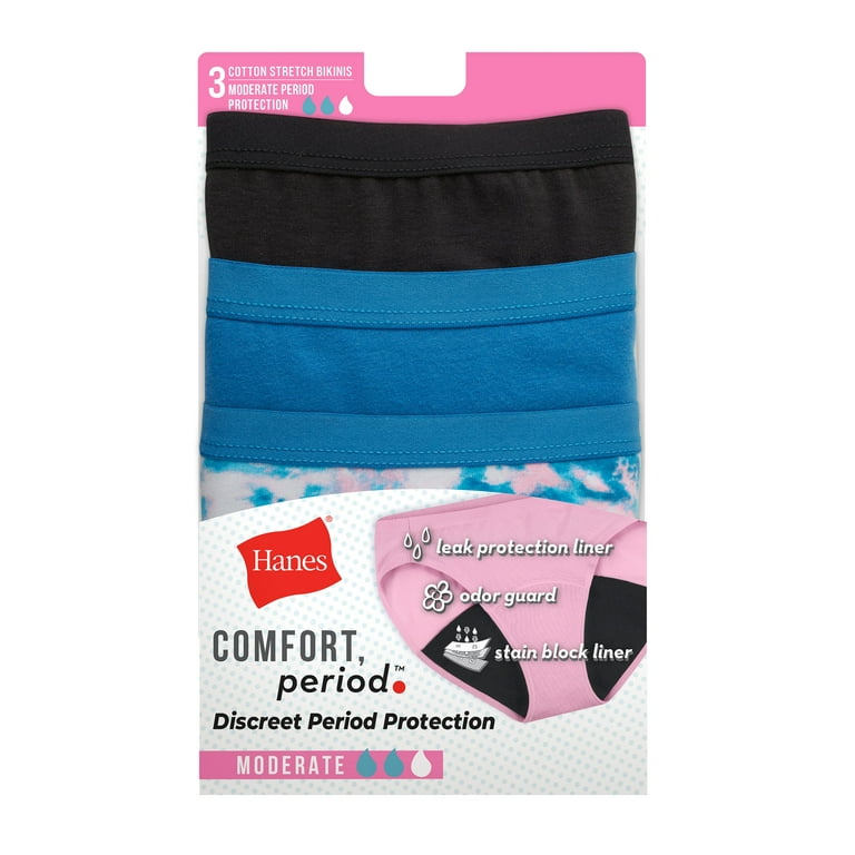 Hanes Comfort, Period.™ Bikini Underwear, Moderate Leaks, Black/Assorted  Blues, 3-Pack Black/Blue Bay/Blue Bay Print 8 Women's 