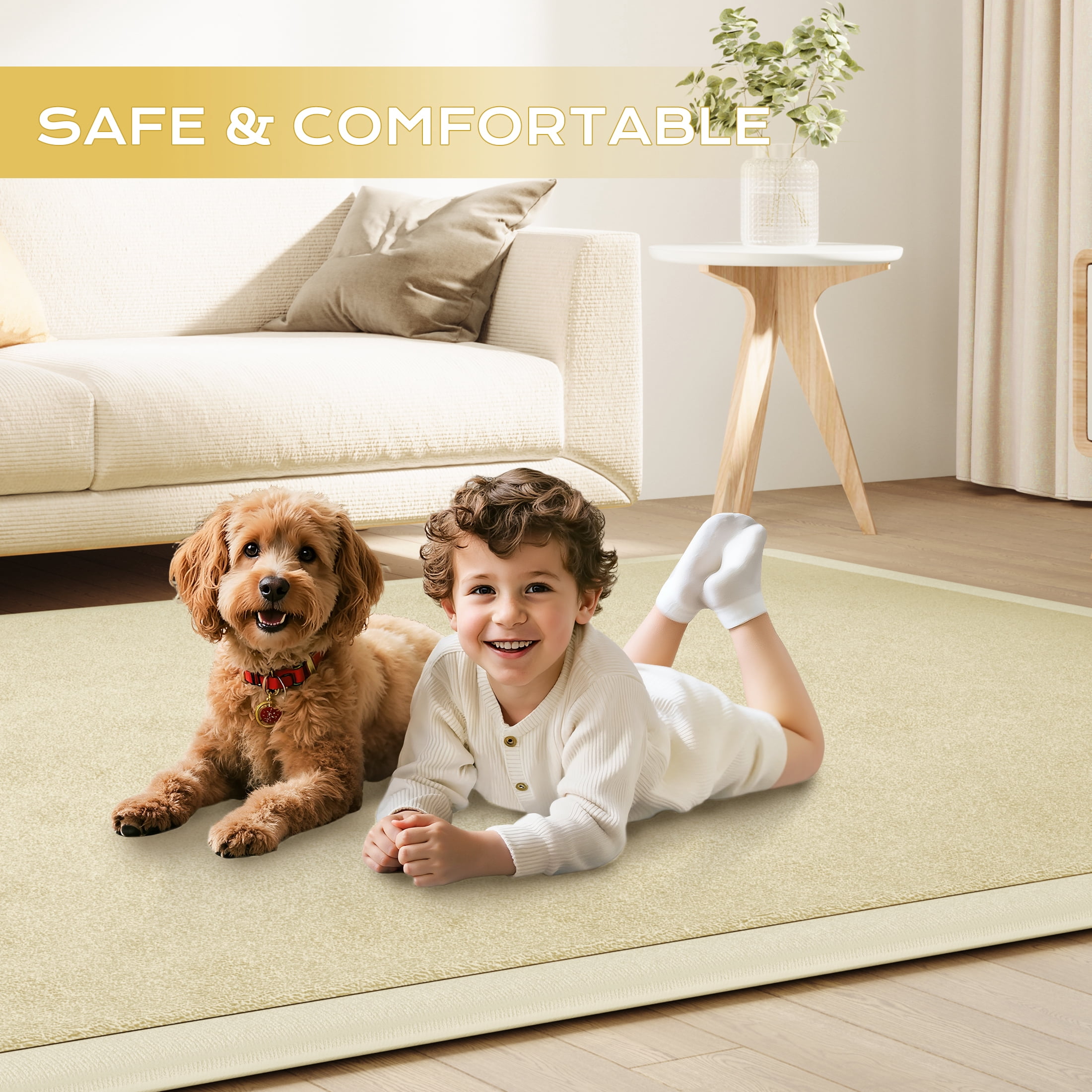 Loartee Baby Play Mat for Floor - 59" x 59" Non-Slip Coral Velvet Memory Foam Nursery Crawling 1.18" Thick Rug for Babies, Toddlers, Infants, Kids, Beige
