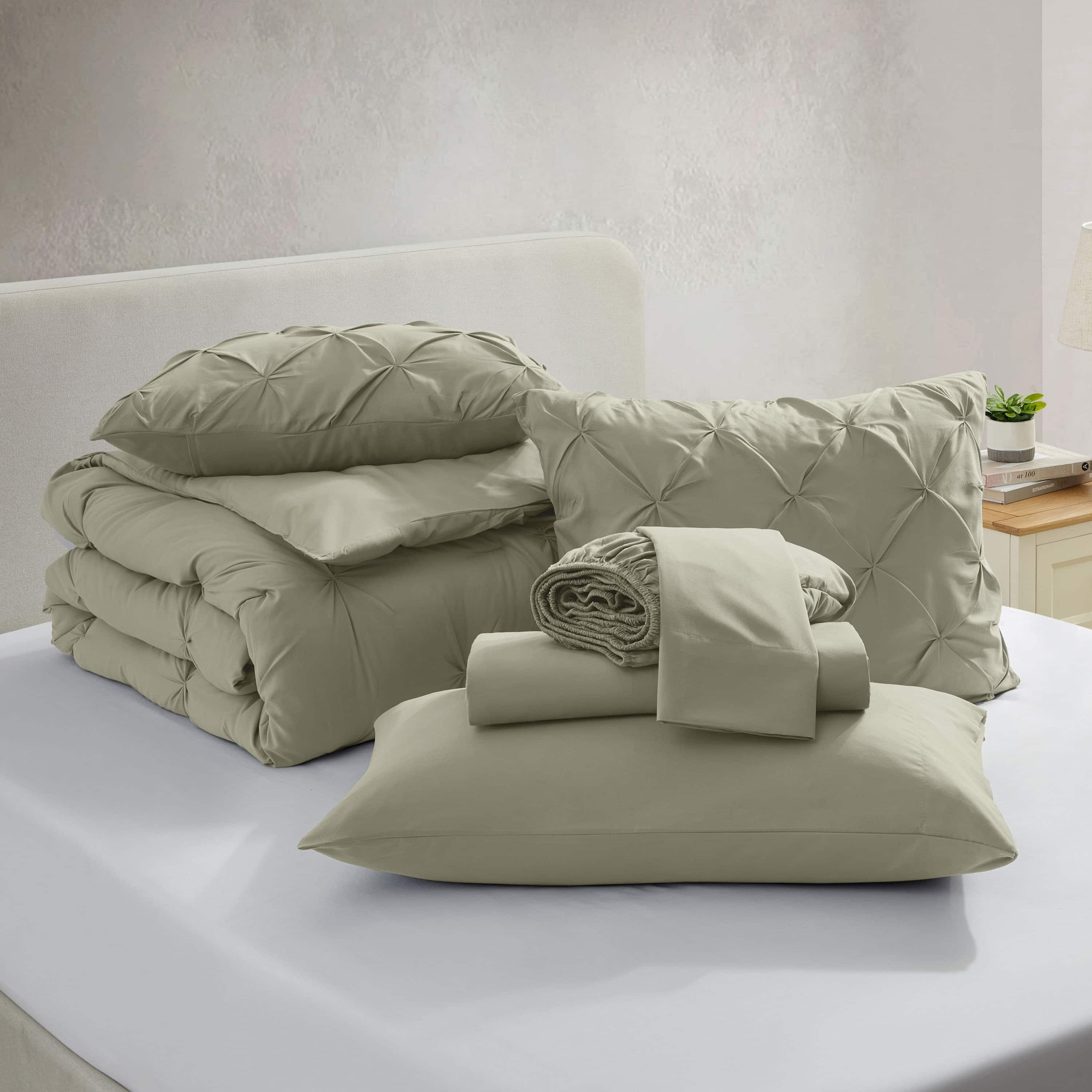LammaLoe Full Size Comforter Sets, 7 Piece Bed In A Bag Pintuck Bedding Sets, Light Sage