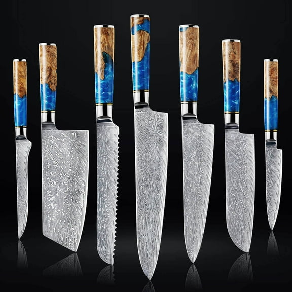 7-Piece Damascus Steel Kitchen Knife Set - Tsunami Collection - 67-Layer Japanese VG10 Steel - Chef's Knife, Cleaver Knife, Bread Knife, & More…