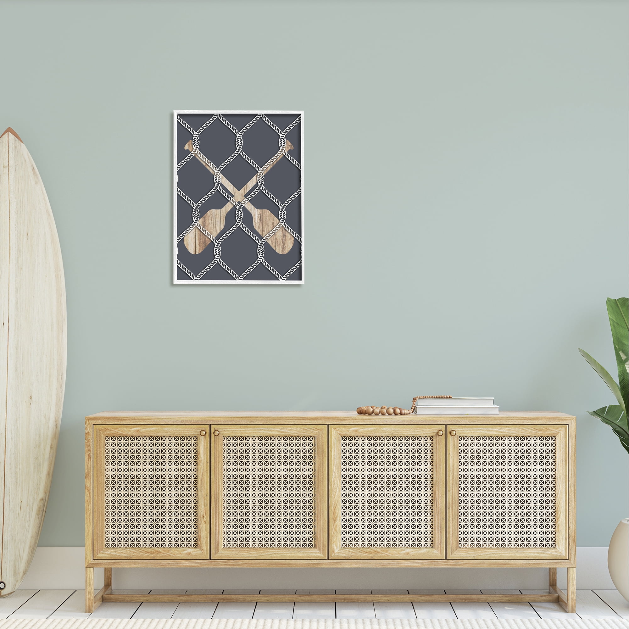 Stupell Nautical Oars Coastal Rope Pattern Landscape Painting White Framed Art Print Wall Art