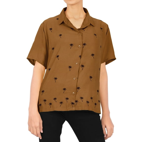 HAPPY BAY Women's Casual Hawaiian Blouse Shirt Solid Blouses Short Sleeve Button Down Dress Tops Tee Shirts T Shirts for Women S plus-size Brown_X500