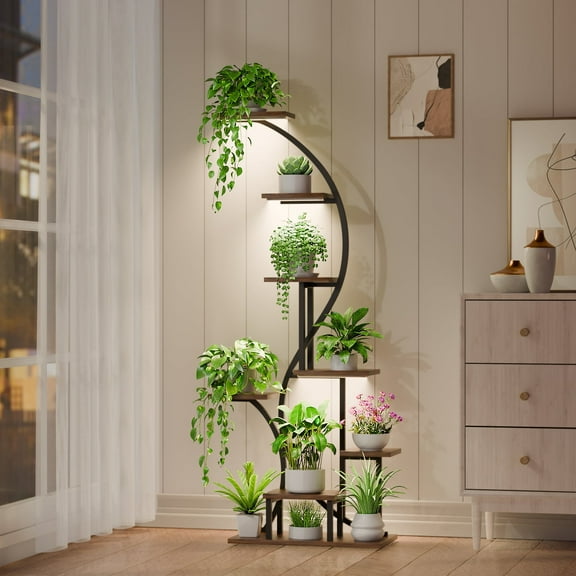 Plant Stand Indoor with Grow Lights - 8 Tier Corner Plant Shelf , 65'' Lighted Plant Rack, S-Shaped Metal Plant Holder