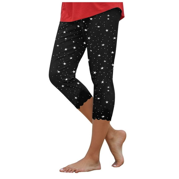 felwors Women Mid Waist Polka Dot Capri Leggings High Stretch Slim Fit Cotton Blend Knit Fabric Pants Black, L