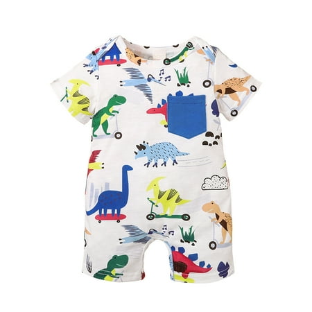 

KIMI BEAR Newborn Baby Boys Outfits 6 Months Newborn Boy Spring Summer Outfits 9 Months Newborn Boy Carton Dinosaur Prints Onesie Short Sleeve Jumpsuit White