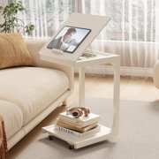 C Shaped End Table for Couch, C Table with Wheels, Wooden Couch Table Adjustable Desktop for Living Room,Bedroom(White)