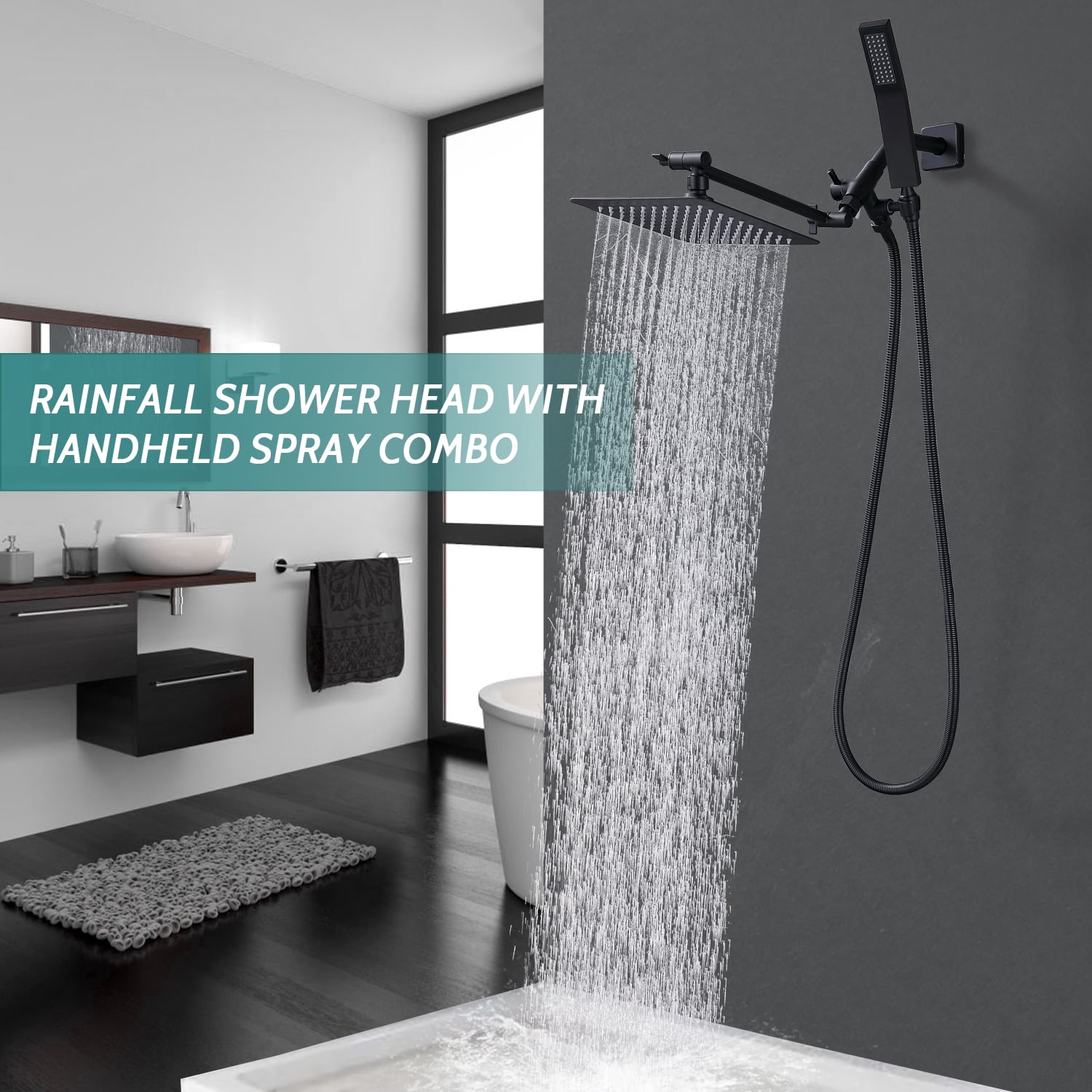 All Metal Dual Square Shower Head Combo, Rain Shower Head with Handheld Shower Wand and Extra Long Flexible Hose (Matte Black)