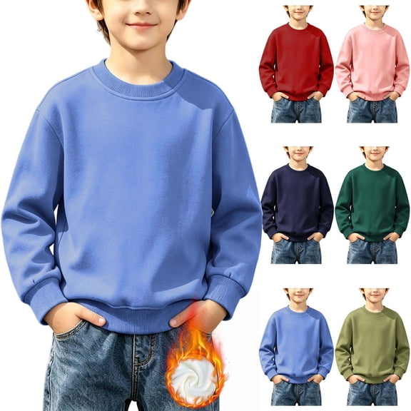 akafmk Kids Long Sleeve Shirts Boys Girls Fleece Lined Crewneck Sweatshirt Pullover Thickened Warm Casual Winter Clothes, 3-15Y
