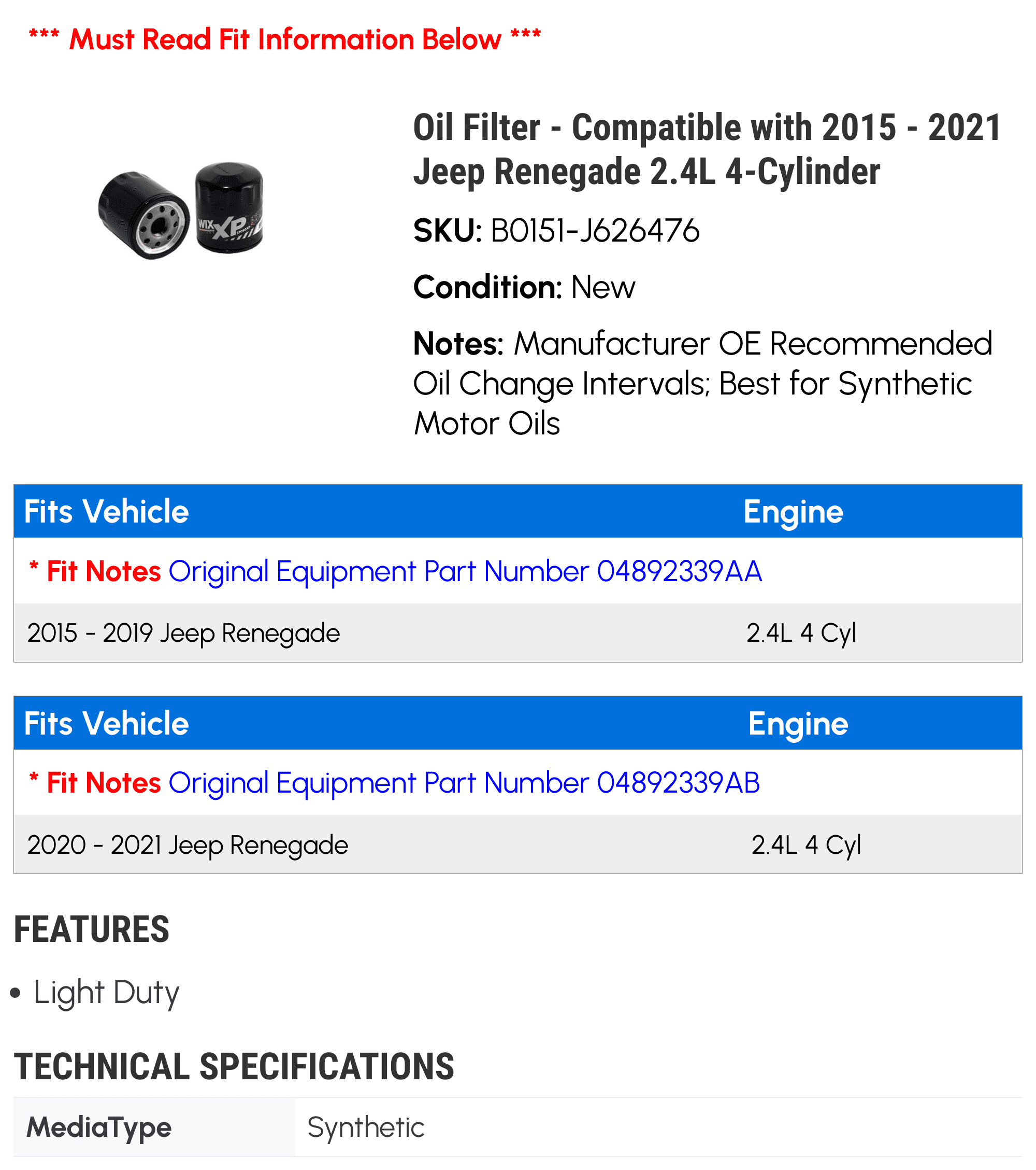 Oil Filter - Compatible with 2015 - 2021 Jeep Renegade 2.4L 4-Cylinder 2016 2017 2018 2019 2020