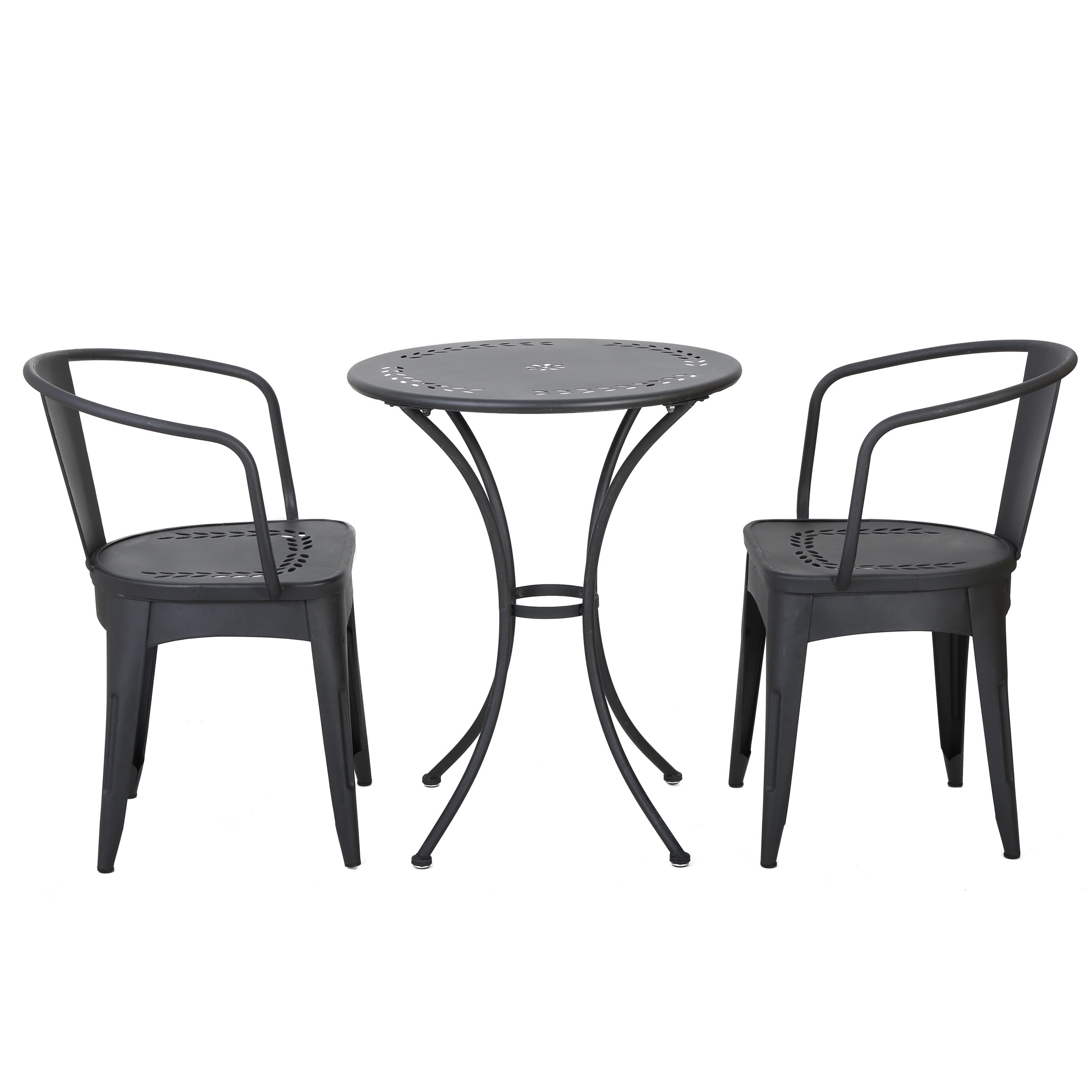 Outdoor 3 Piece Metal Frame Leisure Bistro Set, Combined Table and Chairs for Patio Garden, Black