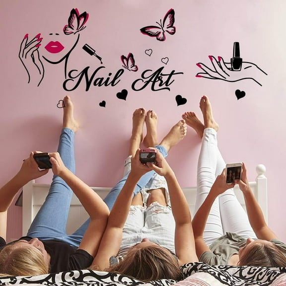 Nail Art Wall Decor Nails Theme Wall Stickers with Butterfly Decals Nail Salon Stickers for Walls Vinyl Art Decor Gift for Girl Woman Bedroom Dressing Room Decoration 1 Sheet