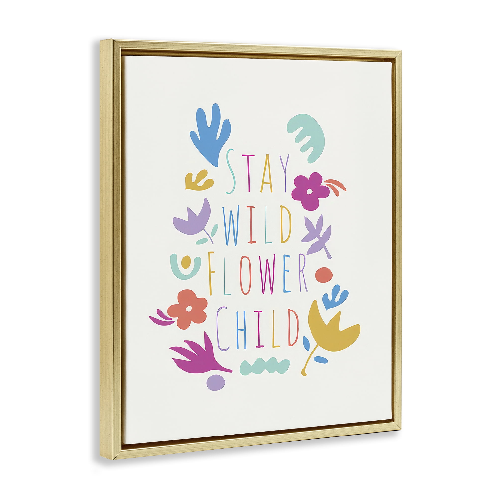 Stupell Industries Stay Wild Flower Child Plants & Flowers Painting Gold Floater Framed Canvas Art Print Wall Art, 17 x 21