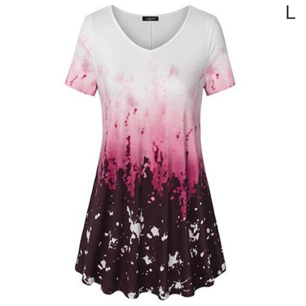Camiseta de mujer Blusa informal con estampado degradado Vestido suelto con cuello en V, Rojo, L sidaley AP001902-27