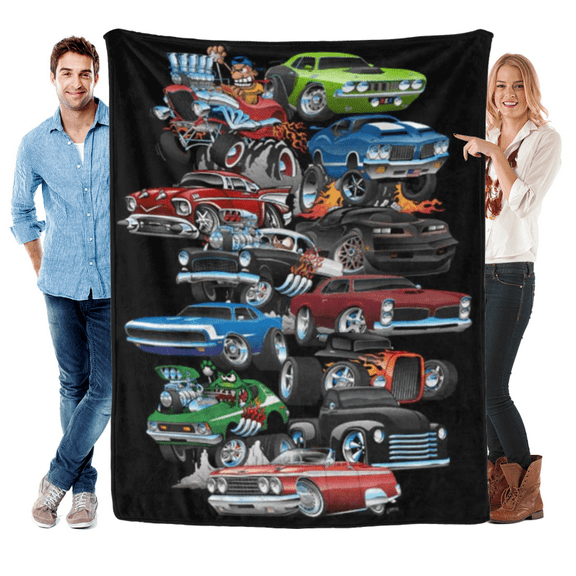 Muscle Cars Throw Blanket, Black Vintage Sports Car Print Fleece Blanket, Lightweight Warm Blanket for Boys Kids Teens Adults, Perfect for Couch Bed Sofa, Gifts for Car Enthusiasts