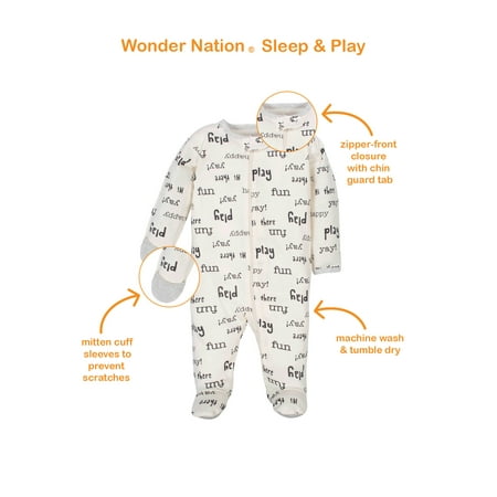 Wonder Nation Unisex Baby Zip Front Sleep ‘N Play Pajamas, 2-Pack, Sizes NB-9m