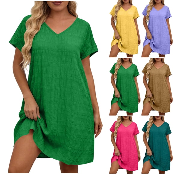 YFNNUP Plus Size Womens Summer Dress Lightweight Short Sleeve Sundress Fashion Textured V Neck Dresses Summer Vacation Flowy Midi Dresses Blue XXXXXL