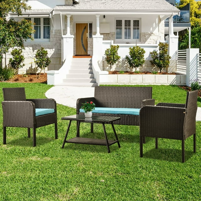 uhomepro 4 Piece Bistro Patio Set, Rattan Wicker Outdoor Patio Furniture with 2pcs Arm Chairs, 1pc Love Seat, Coffee Table, Blue Cushion, Dining Set for Backyard Poolside Garden