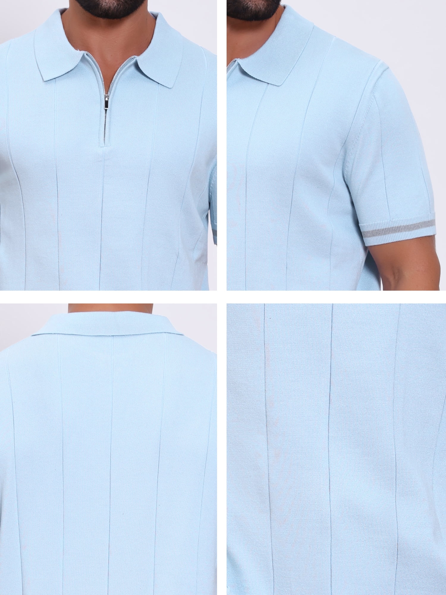 DARING DIVA Men's Textured Zip Up Ribbed Hem Short Sleeve Golf Polo Shirts S Light Blue