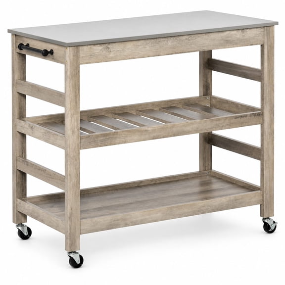 42.5-Inch Rolling Kitchen Utility Cart with Stainless Steel Work Surface, Gray - 3-Tier Mobile Kitchen Island with Slotted Wine Rack Shelf and Metal Handles for Living Room, Dining Room, Home Bar